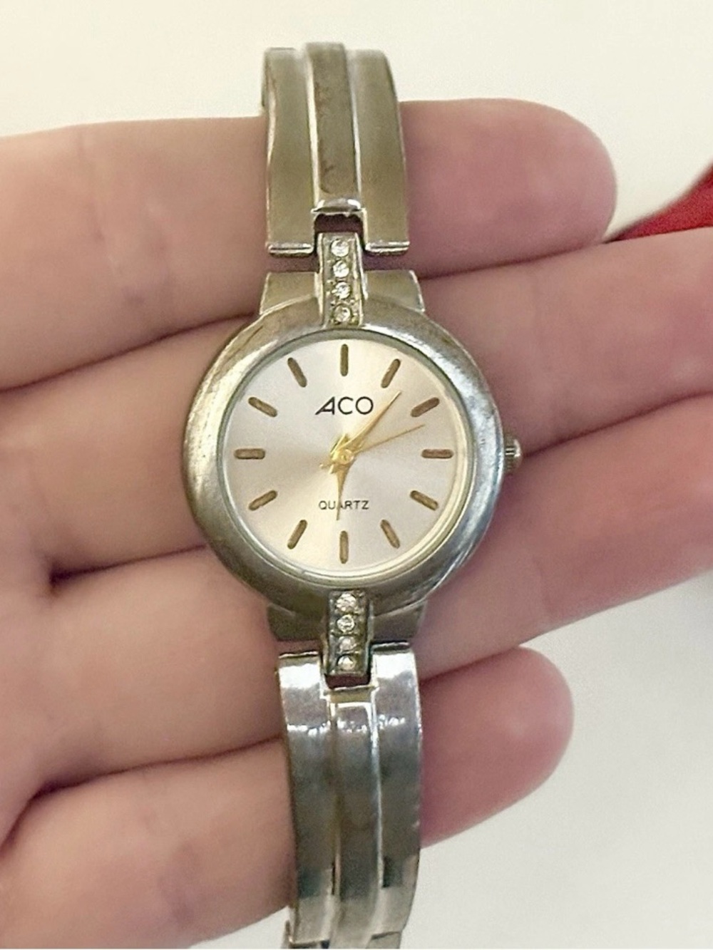 Classic ACO Silver Rhinestone Bangle Watch WORKS! Ladies Retro Chic Crystal Cuff